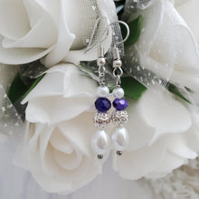 Load image into Gallery viewer, Handmade pearl and crystal rhinestone teardrop earrings - white and deep blue or custom color - Drop Earrings - Pearl Earrings - Earrings