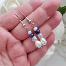Load image into Gallery viewer, Handmade pearl and crystal rhinestone teardrop earrings - white and deep blue or custom color - Drop Earrings - Pearl Earrings - Earrings