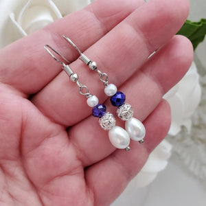 Handmade pearl and crystal rhinestone teardrop earrings - white and deep blue or custom color - Drop Earrings - Pearl Earrings - Earrings
