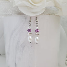 Load image into Gallery viewer, Handmade pearl and crystal rhinestone teardrop earrings - white and purple or custom color - Drop Earrings - Pearl Earrings - Earrings