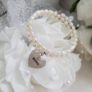 Handmade fresh water pearl expandable, multi-layer, wrap charm bracelet for Mommy - #1 Mom Bracelet - Gift For Mom - #1 Mom Gifts