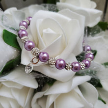 Load image into Gallery viewer, Handmade pearl and pave crystal rhinestone bracelet with tiny leaf charm - lavender purple or custom color - Personalized Pearl Bracelet - Letter Bracelet