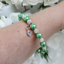 Load image into Gallery viewer, Handmade pearl and pave crystal rhinestone bracelet with tiny leaf charm - green or custom color - Personalized Pearl Bracelet - Letter Bracelet