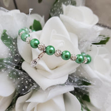Load image into Gallery viewer, Handmade pearl and pave crystal rhinestone bracelet with tiny leaf charm - green or custom color - Personalized Pearl Bracelet - Letter Bracelet