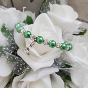 Handmade pearl and pave crystal rhinestone bracelet with tiny leaf charm - green or custom color - Personalized Pearl Bracelet - Letter Bracelet