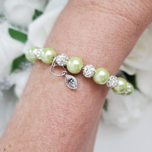 Handmade pearl and pave crystal rhinestone bracelet with tiny leaf charm - light green or custom color - Personalized Pearl Bracelet - Letter Bracelet