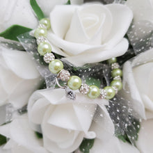 Load image into Gallery viewer, Handmade pearl and pave crystal rhinestone bracelet with tiny leaf charm - light green or custom color - Personalized Pearl Bracelet - Letter Bracelet