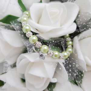 Handmade pearl and pave crystal rhinestone bracelet with tiny leaf charm - light green or custom color - Personalized Pearl Bracelet - Letter Bracelet