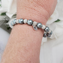 Load image into Gallery viewer, Handmade pearl and pave crystal rhinestone bracelet with tiny leaf charm - dark grey or custom color - Personalized Pearl Bracelet - Letter Bracelet
