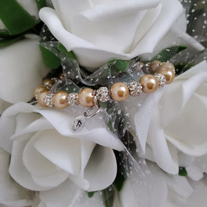 Handmade pearl and pave crystal rhinestone bracelet with tiny leaf charm - champagne or custom color - Personalized Pearl Bracelet - Letter Bracelet