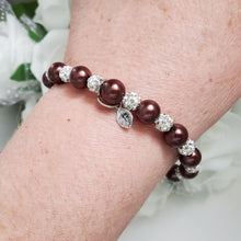 Load image into Gallery viewer, Handmade pearl and pave crystal rhinestone bracelet with tiny leaf charm - chocolate brown or custom color - Personalized Pearl Bracelet - Letter Bracelet