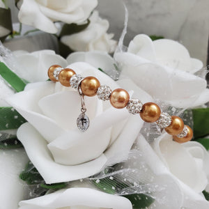 Handmade pearl and pave crystal rhinestone bracelet with tiny leaf charm - copper or custom color - Personalized Pearl Bracelet - Letter Bracelet