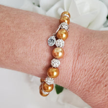 Load image into Gallery viewer, Handmade pearl and pave crystal rhinestone bracelet with tiny leaf charm - copper or custom color - Personalized Pearl Bracelet - Letter Bracelet