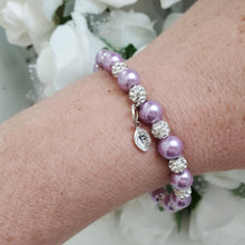 Load image into Gallery viewer, Handmade pearl and pave crystal rhinestone bracelet with tiny leaf charm - lavender purple or custom color - Personalized Pearl Bracelet - Letter Bracelet