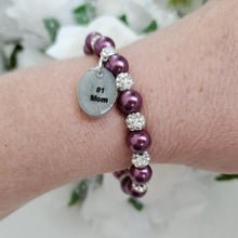 Load image into Gallery viewer, Handmade pearl and pave crystal rhinestone charm bracelet for a #1 mom - burgundy red or custom color - #1 Mom Bracelet - #1 Mom Gift - Mom Bracelet