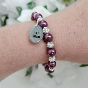 Handmade pearl and pave crystal rhinestone charm bracelet for a #1 mom - burgundy red or custom color - #1 Mom Bracelet - #1 Mom Gift - Mom Bracelet