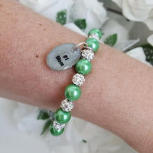 Load image into Gallery viewer, Handmade pearl and pave crystal rhinestone charm bracelet for a #1 mom - green or custom color - #1 Mom Bracelet - #1 Mom Gift - Mom Bracelet