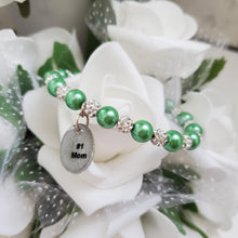 Load image into Gallery viewer, Handmade pearl and pave crystal rhinestone charm bracelet for a #1 mom - green or custom color - #1 Mom Bracelet - #1 Mom Gift - Mom Bracelet