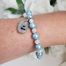 Load image into Gallery viewer, Handmade pearl and pave crystal rhinestone charm bracelet for a #1 mom - light blue or custom color - #1 Mom Bracelet - #1 Mom Gift - Mom Bracelet