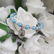 Load image into Gallery viewer, Handmade pearl and pave crystal rhinestone charm bracelet for a #1 mom - light blue or custom color - #1 Mom Bracelet - #1 Mom Gift - Mom Bracelet