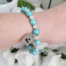Load image into Gallery viewer, Handmade pearl and pave crystal rhinestone charm bracelet for a #1 mom - aquamarine blue or custom color - #1 Mom Bracelet - #1 Mom Gift - Mom Bracelet