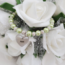 Load image into Gallery viewer, Handmade pearl and pave crystal rhinestone aunt charm bracelet, light green or custom color - Auntie Gift - Auntie Present - Auntie Gift Ideas