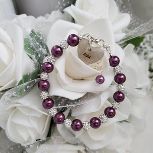 Handmade pearl and pave crystal rhinestone aunt charm bracelet, burgundy red or custom color - Aunt Gift - Aunt Bracelet - Aunt To Be Gift