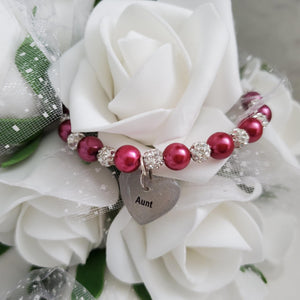 Handmade pearl and pave crystal rhinestone aunt charm bracelet, dark pink or custom color - Auntie Gift - Auntie Present - Auntie Gift Ideas