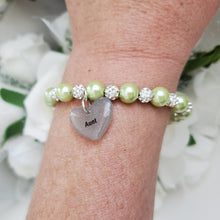 Load image into Gallery viewer, Handmade pearl and pave crystal rhinestone aunt charm bracelet, light green or custom color - Aunt Gift - Aunt Bracelet - Aunt To Be Gift