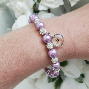 Handmade pearl and pave crystal rhinestone bracelet with resin circular charm - lavender purple or custom color - Personalized Pearl Bracelet - Letter Bracelet