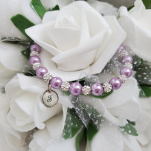 Load image into Gallery viewer, Handmade pearl and pave crystal rhinestone bracelet with resin circular charm - lavender purple or custom color - Personalized Pearl Bracelet - Letter Bracelet