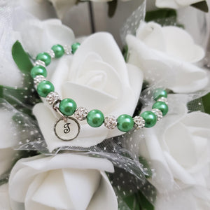 Handmade pearl and pave crystal rhinestone bracelet with resin circular charm - green or custom color - Personalized Pearl Bracelet - Letter Bracelet