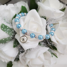 Load image into Gallery viewer, Handmade pearl and pave crystal rhinestone bracelet with resin circular charm - light blue or custom color - Personalized Pearl Bracelet - Letter Bracelet