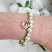 Load image into Gallery viewer, Handmade pearl and pave crystal rhinestone bracelet with resin circular charm - light green or custom color - Personalized Pearl Bracelet - Letter Bracelet