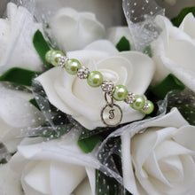 Load image into Gallery viewer, Handmade pearl and pave crystal rhinestone bracelet with resin circular charm - light green or custom color - Personalized Pearl Bracelet - Letter Bracelet
