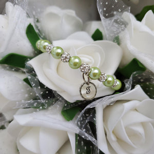 Handmade pearl and pave crystal rhinestone bracelet with resin circular charm - light green or custom color - Personalized Pearl Bracelet - Letter Bracelet