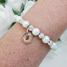 Load image into Gallery viewer, Handmade pearl and pave crystal rhinestone bracelet with resin circular charm - ivory or custom color - Personalized Pearl Bracelet - Letter Bracelet