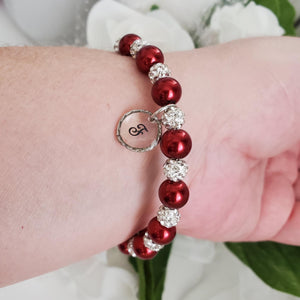 Handmade pearl and pave crystal rhinestone bracelet with resin circular charm - bordeaux red or custom color - Personalized Pearl Bracelet - Letter Bracelet