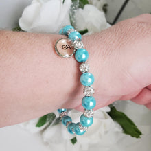 Load image into Gallery viewer, Handmade pearl and pave crystal rhinestone bracelet with resin circular charm - aquamarine blue or custom color - Personalized Pearl Bracelet - Letter Bracelet