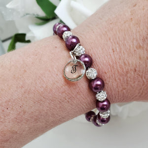 Handmade pearl and pave crystal rhinestone bracelet with resin circular charm - burgundy red or custom color - Personalized Pearl Bracelet - Letter Bracelet
