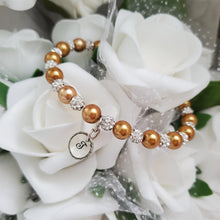 Load image into Gallery viewer, Handmade pearl and pave crystal rhinestone bracelet with resin circular charm - copper or custom color - Personalized Pearl Bracelet - Letter Bracelet