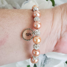 Load image into Gallery viewer, Handmade pearl and pave crystal rhinestone bracelet with resin circular charm - powder orange or custom color - Personalized Pearl Bracelet - Letter Bracelet