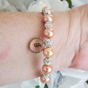 Handmade pearl and pave crystal rhinestone bracelet with resin circular charm - powder orange or custom color - Personalized Pearl Bracelet - Letter Bracelet