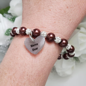 Handmade pearl and pave crystal rhinestone charm bracelet for mama bear - chocolate brown or custom color - #1 Mom Bracelet - #1 Mom Gift - Mom Bracelet