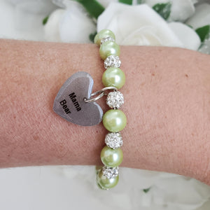 Handmade pearl and pave crystal rhinestone charm bracelet for mama bear - light green or custom color - #1 Mom Bracelet - #1 Mom Gift - Mom Bracelet