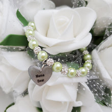 Load image into Gallery viewer, Handmade pearl and pave crystal rhinestone charm bracelet for mama bear - light green or custom color - #1 Mom Bracelet - #1 Mom Gift - Mom Bracelet