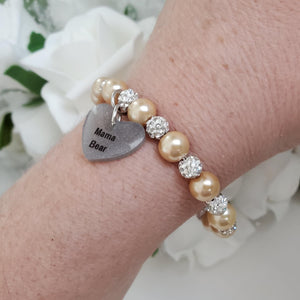Handmade pearl and pave crystal rhinestone charm bracelet for mama bear - champagne or custom color - #1 Mom Bracelet - #1 Mom Gift - Mom Bracelet
