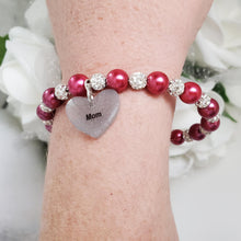 Load image into Gallery viewer, Handmade pearl and pave crystal rhinestone charm bracelet for mom - dark pink or custom color - #1 Mom Bracelet - #1 Mom Gift - Mom Bracelet