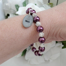 Load image into Gallery viewer, Handmade pearl and pave crystal rhinestone charm bracelet for mom - burgundy red or custom color - #1 Mom Bracelet - #1 Mom Gift - Mom Bracelet