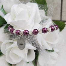 Load image into Gallery viewer, Handmade pearl and pave crystal rhinestone charm bracelet for mom - burgundy red or custom color - #1 Mom Bracelet - #1 Mom Gift - Mom Bracelet